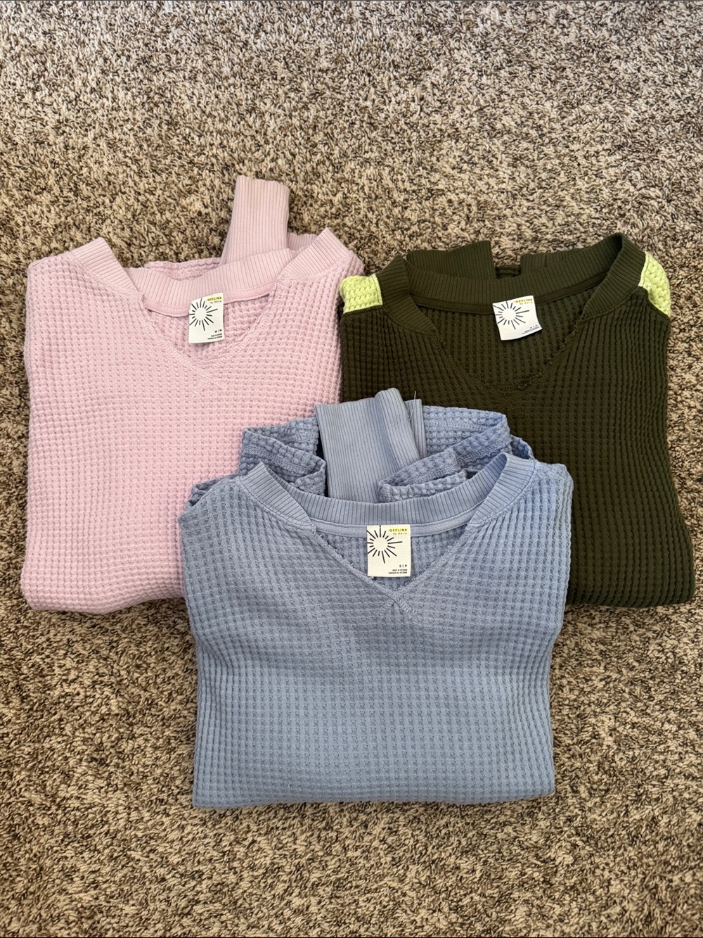 Offline by aerie Waffle V-Neck Sweater Trio Lilac, Light Blue, Olive
